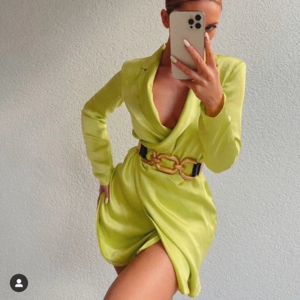 ZARA Satin Effect Shoulder Pad Dress Lime Green